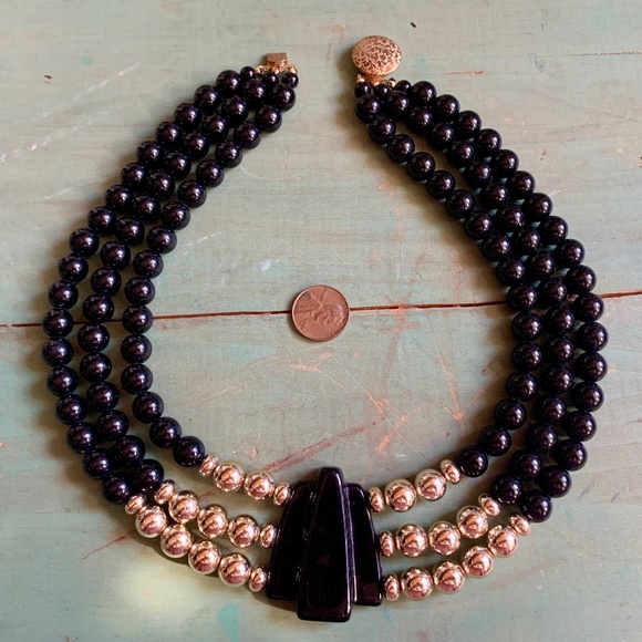๐ค๐ค Vintage Art Deco Inspired 3 Strands Black & Gold Bead Necklace ๐ค๐ค - Picture 1 of 9